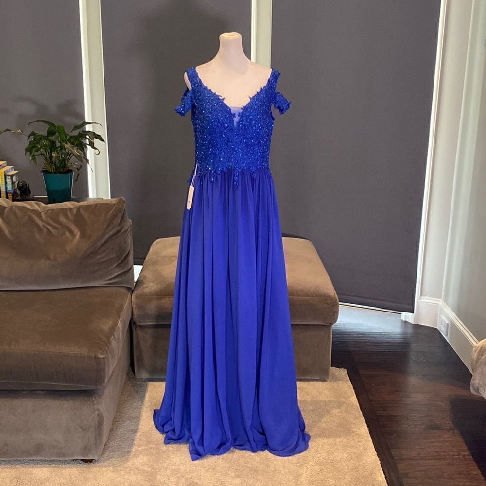 Women’s Blue A-Line Lace Appliqué Bridesmaid Party Dress Leg Slit Size 10 NWT